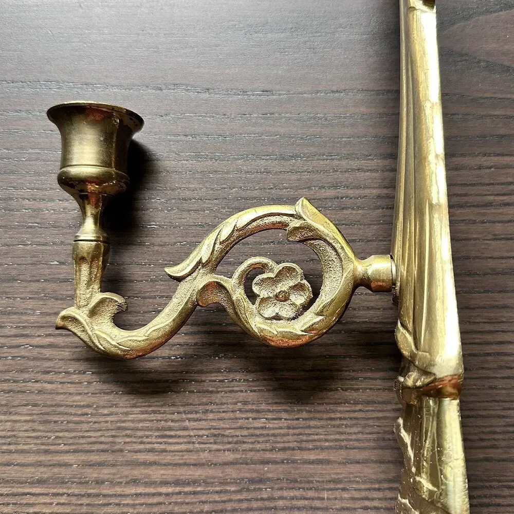 Vintage-2 x Brass Wall Sconces 12” Candle Ornate Holders Swivel Arm Made India